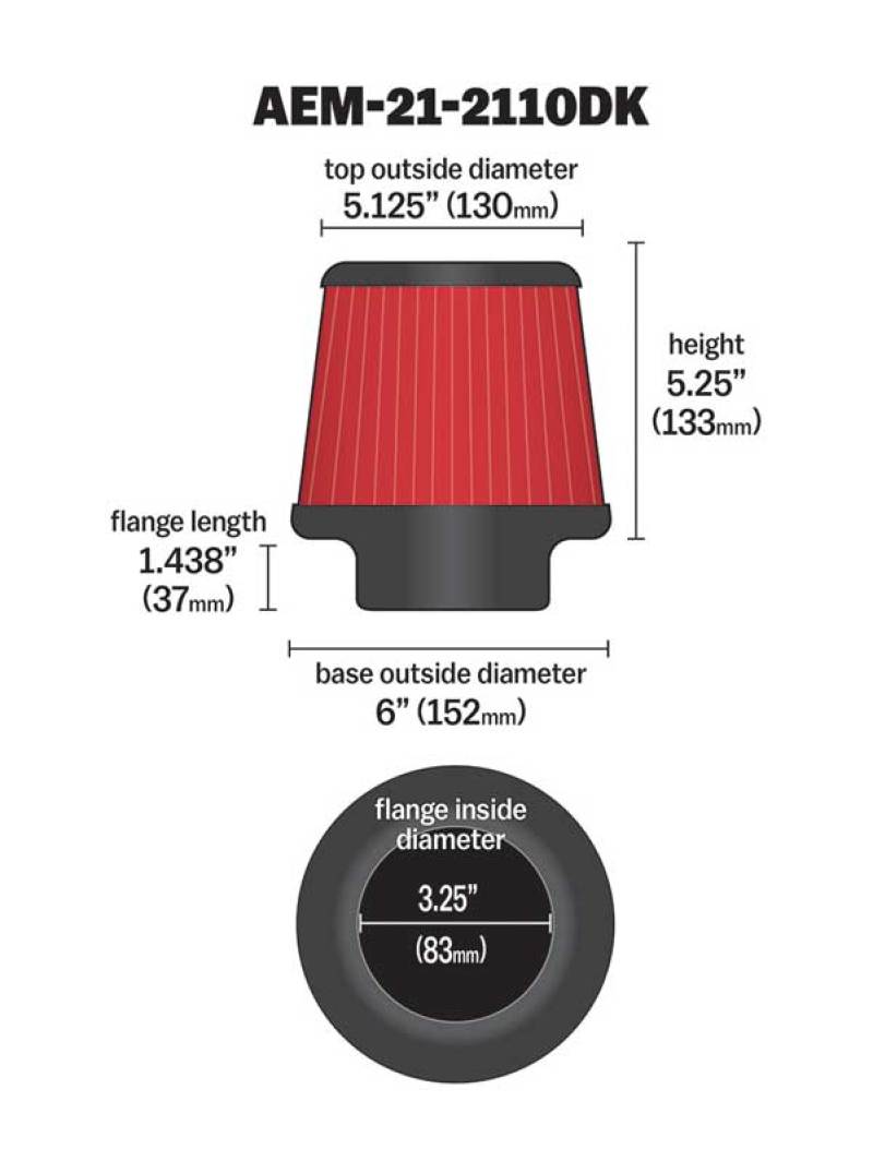 AEM 3.25 in DRY Flow Short Neck 5 in Element Filter